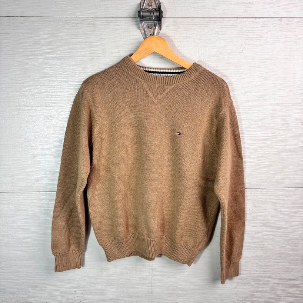 Tommy Hilfiger Sweater Tan Brown Crewneck Flag Logo Preppy Medium